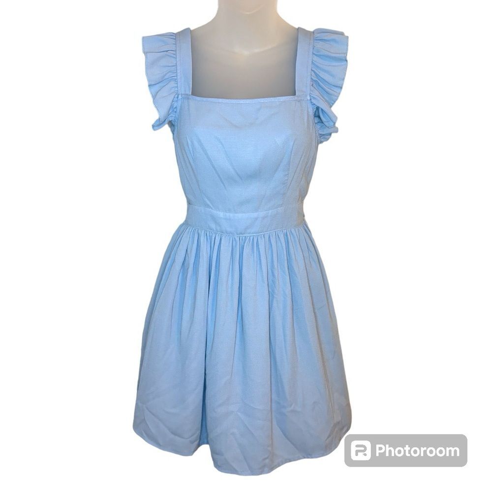 SHEIN Blue Solid Tie Backless Ruffle Trim Dress Size XS